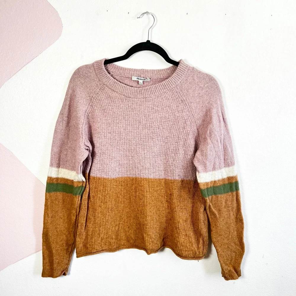 Madewell‎ Striped Roll Trim Waffle Knit Sweater Sz Medium Cotton Merino Wool
